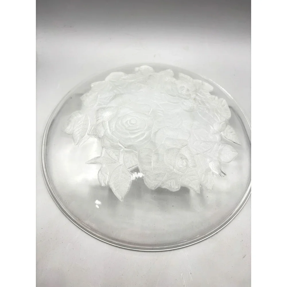 Vintage Frosted Glass Rose Floral Serving Platter Round 12.5 Inch Clear Plate